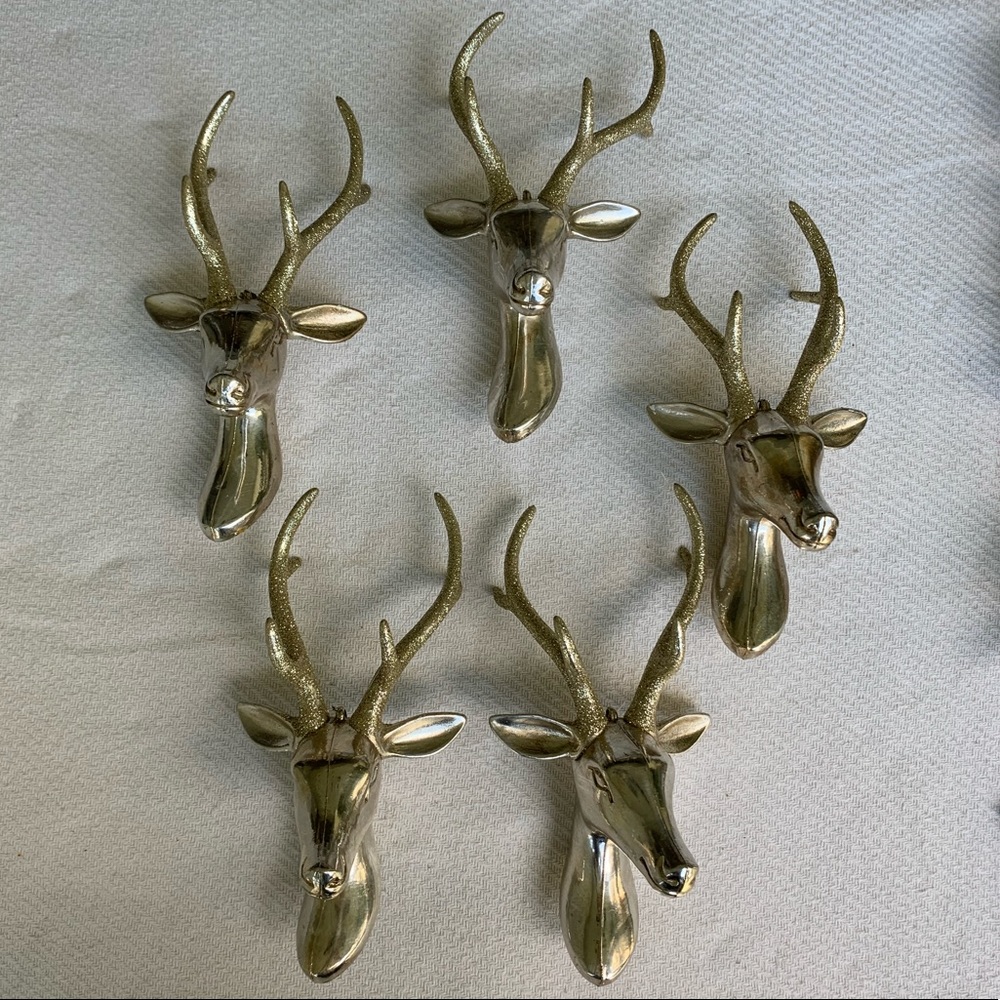 Set of 5 Large Reindeer Head Gold Ornaments